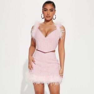 Fashion Nova Tweed Feather Pink Skirt Set With Rhinestones Size Small